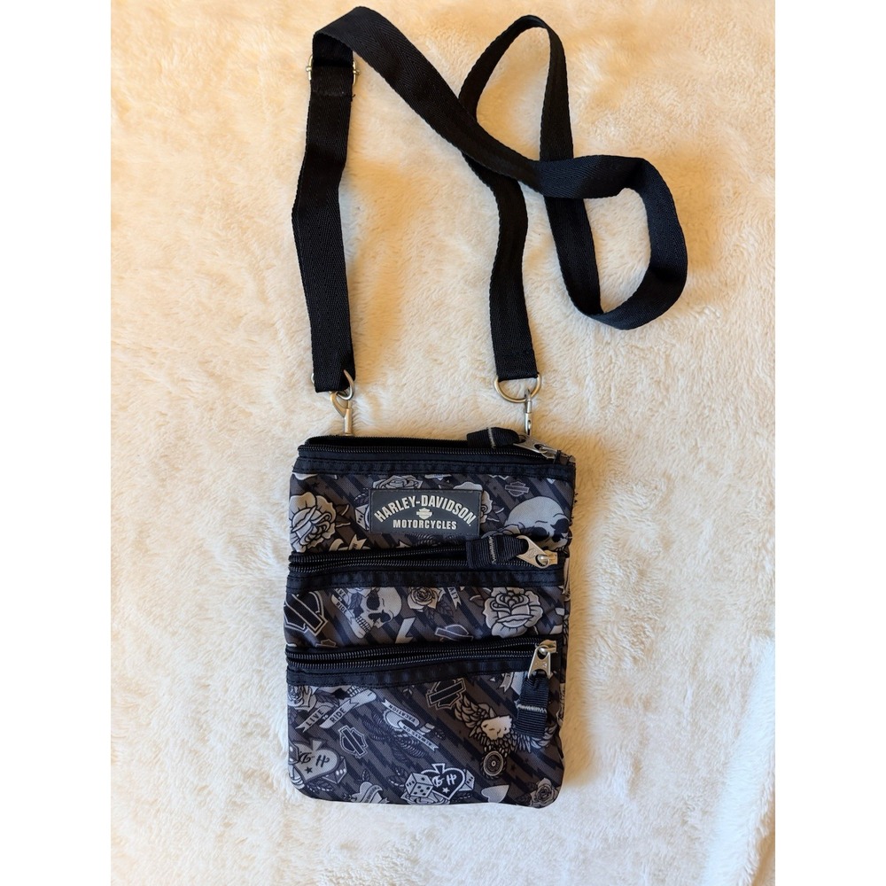 Harley Davidson Motorcycle Gray Tattoo Cross Body Bag Skull Hearts Roses EUC